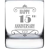 Bevvee Happy 15th Anniversary - Whiskey Rocks Glass - Art Deco Gift for 15 Year Anniversary Decorations - 10.25 oz