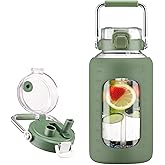 BLUEGO 84oz Glass Water Bottles with Sturdy Stainless Steel Handle, Large Water Bottle with Straw Sip & Chug Lid, 2.5L Water Jug Silicone Sleeve with Time, Daily Travel Sports, Olive