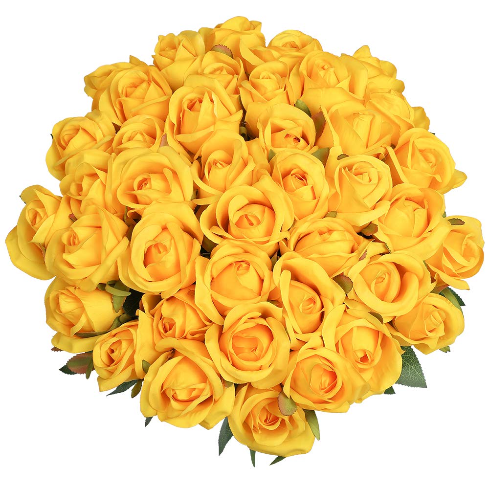 Veryhome 10 Pcs Artificial Roses Silk Flowers Fake Single Stem Blooming Rose Bridal Bouqets For Wedding Home Birthday Party Arrangment Garden Decoration (Yellow - Roses Bud)