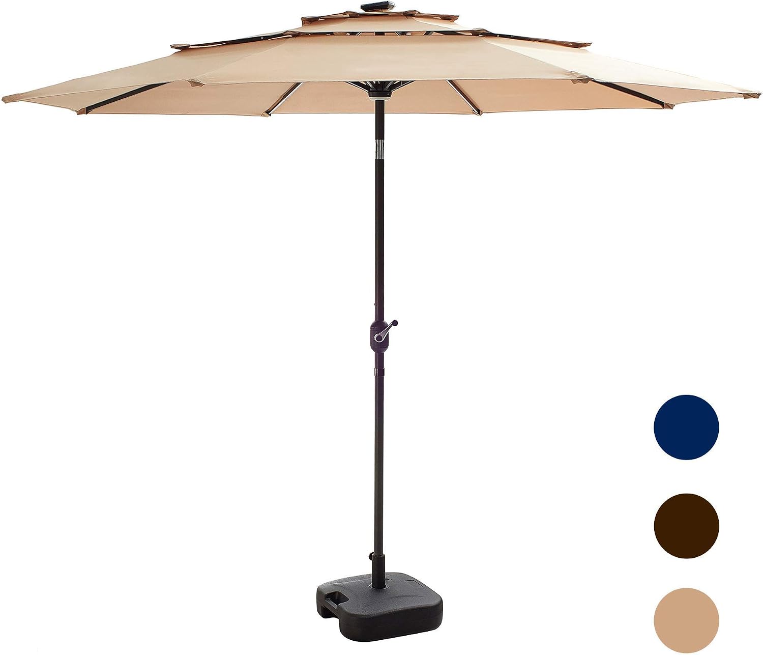 Amazon Com Lokatse Home 9 5ft 3 Tier Patio Umbrella With Base Outdoor Solar Led Lights W Tilt Adjustment 8 Aluminum Rib Crank Metal Pole For Garden Deck Market And Pool Set Khaki