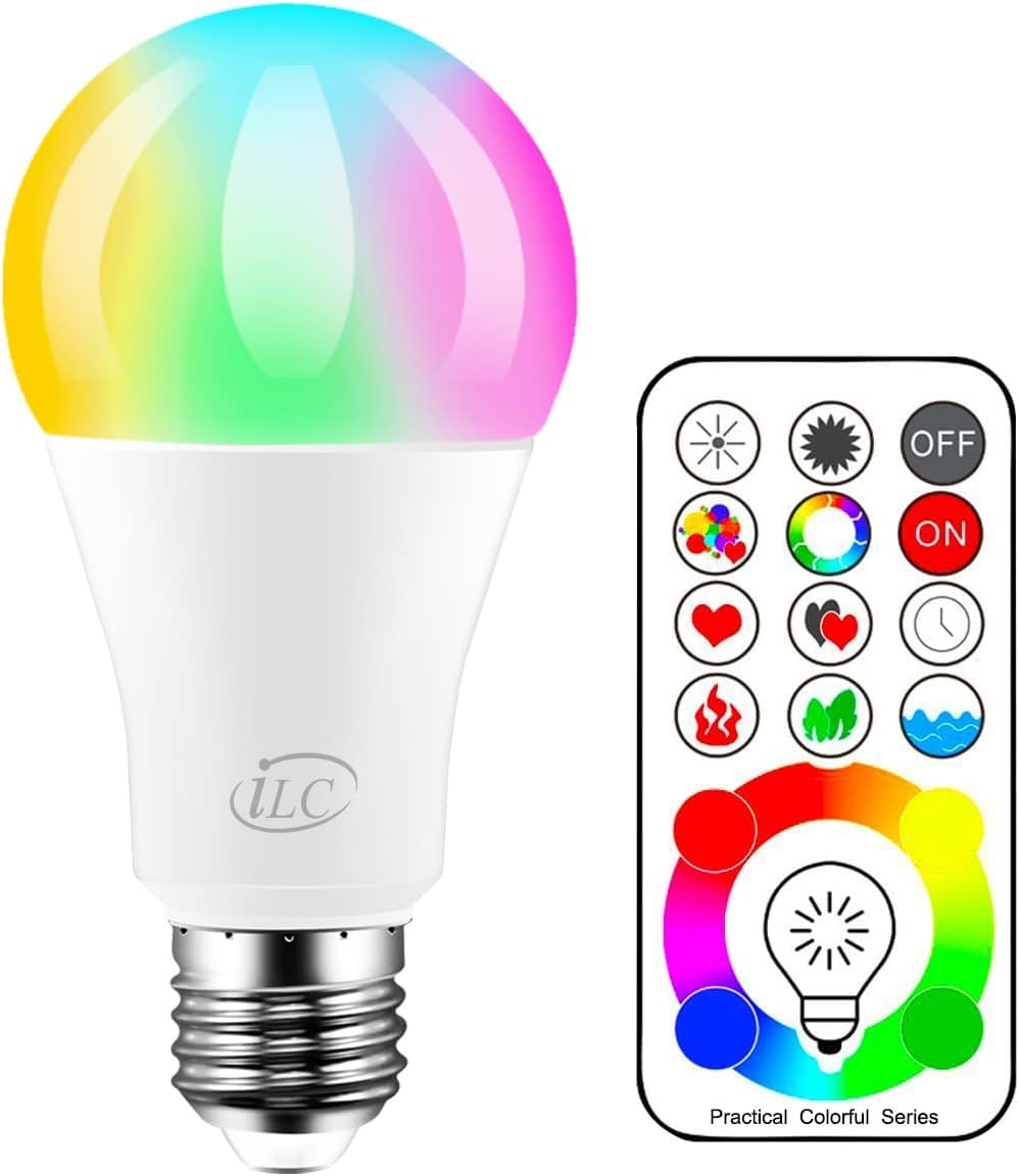 iLC LED Colour Changing Light Bulb, 70W Equivalent with Remote Control RGBW Edison Screw - 120 Color – E27 Cap Type for Decoration Parties & More