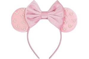 WOVOWOVO Mouse Ears Headbands for Women Girls Pink Bow Pearl Hairbands Velvet Headband Christmas Birthdays Hair Accessories