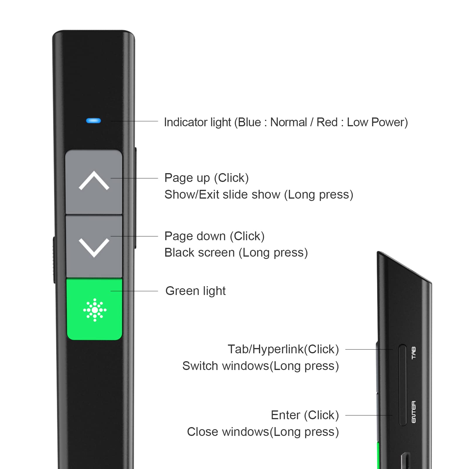 SSPONT Rechargeable Presentation Clicker for Powerpoint, Wireless Presentation Remote Green Laser Pointer for Presenter, Slide Advancer Keynote/PPT/Classroom/MacBook/Mac/Laptop/Windows/Linux (JH37G)