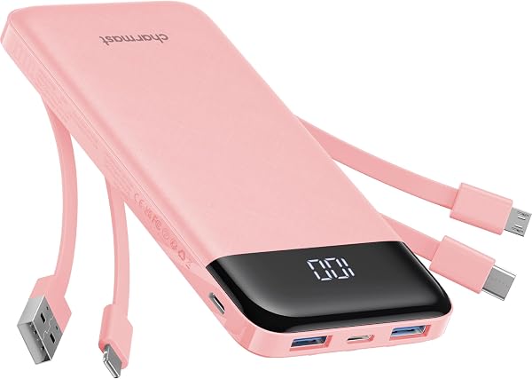 charmast Portable Charger with Reinforced Built-in 4 Cables,10000mAh Power Bank Travel Essentials 6 Outputs 3 Inputs 3A Fast
