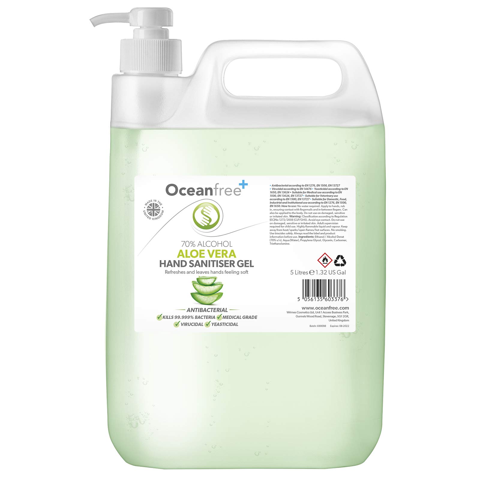 Aloe Vera Hand Sanitiser Gel - 5L Litre with Pump - 70% Alcohol - Made in the UK (Single)