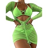 SherryDC Women's Sexy 3 Piece Swimsuits Halter Triangle Bikini Sets with Long Sleeve Cover Up Drawstring Bathing Suit
