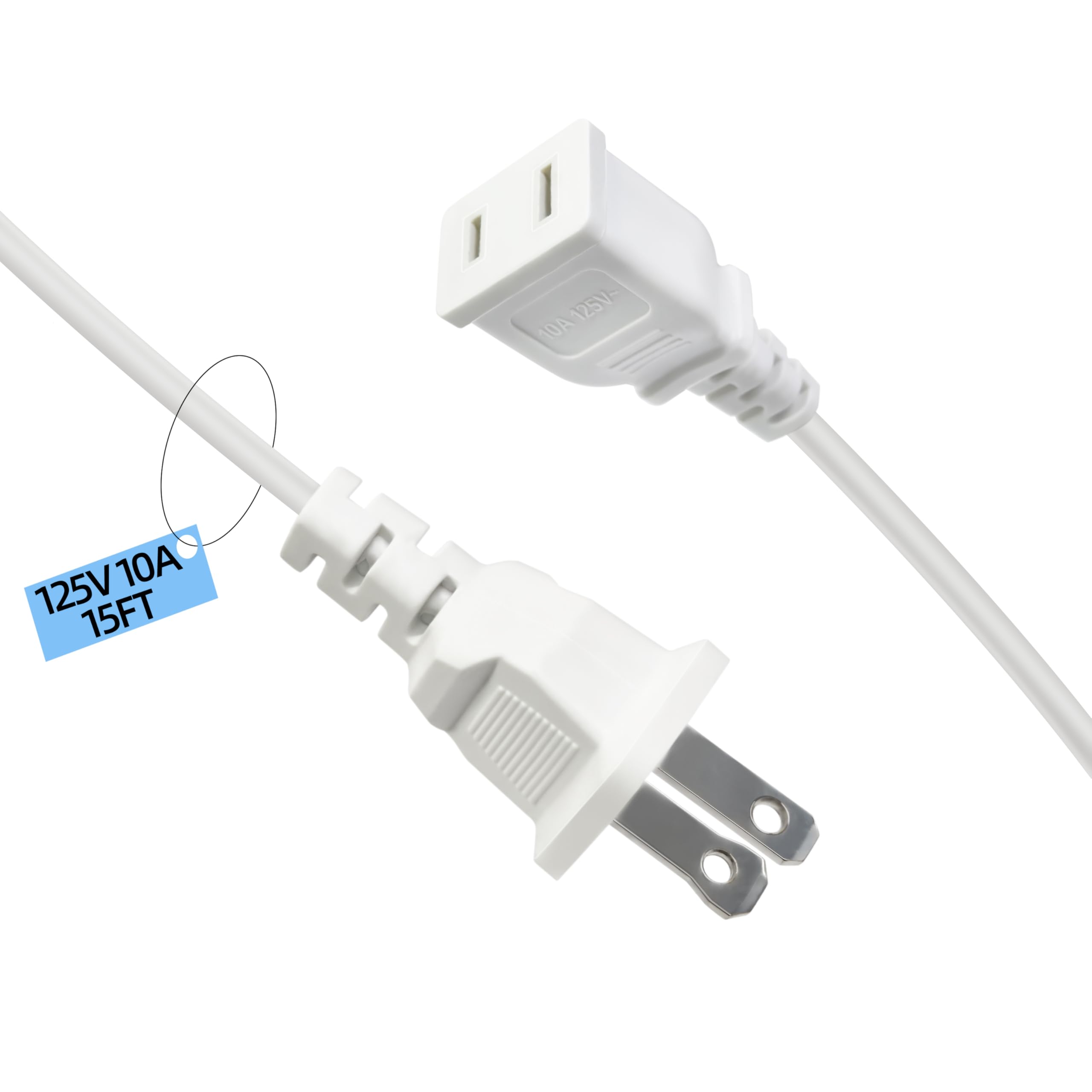 Photo 1 of 15FT White Thin Flat Extension Cord 2 Prong Polarized Power Cable,18AWG 10A 125V Single Outlet Space-Saving Slim Cable Wire ETL Listed for Holiday Lights, Lamps,Cameras & Small Appliances (1Pack)