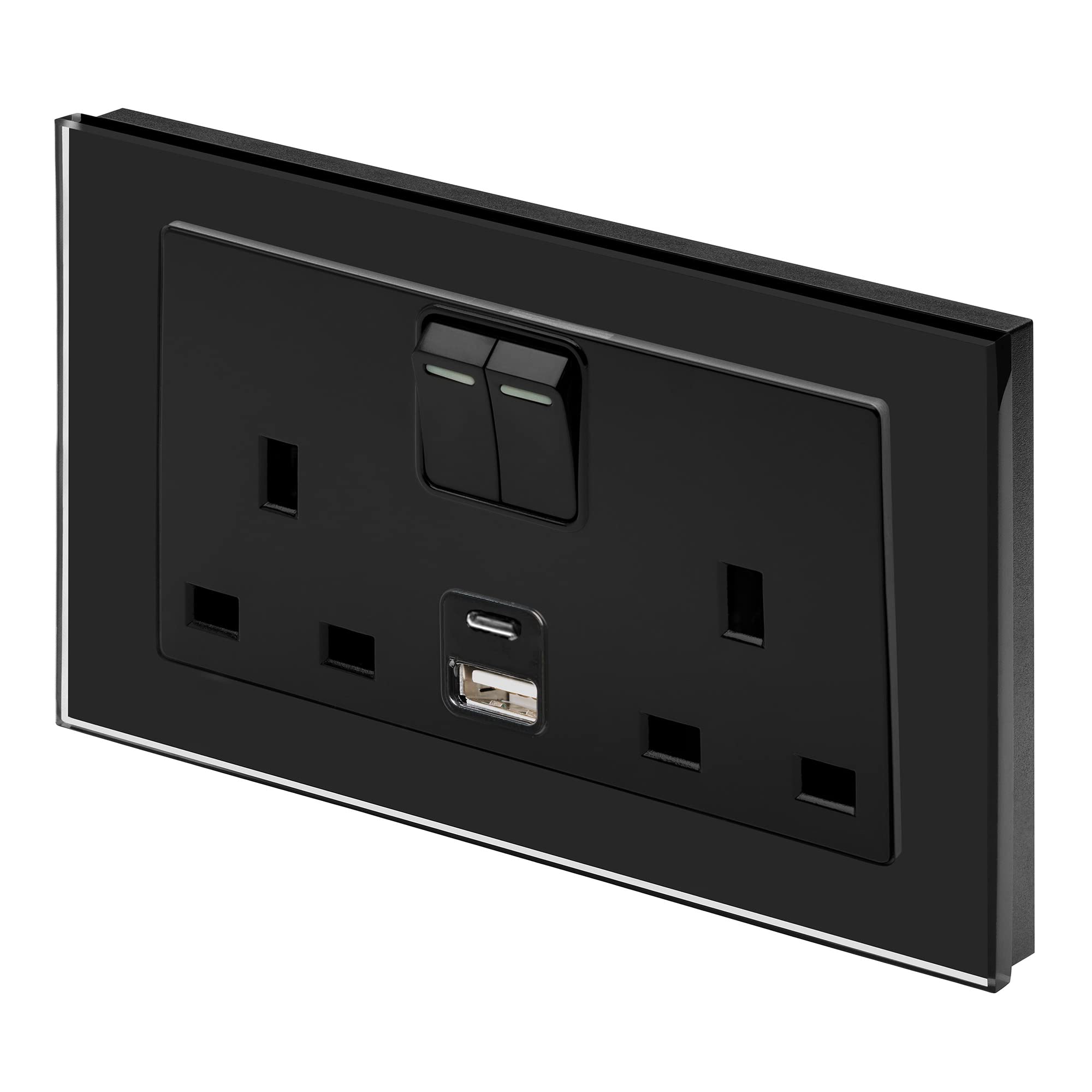 Retrotouch 659 Crystal, 2.1A USB, DP, Double Plug Socket, Switched, Black Glass, 13A, 35.0 mm*151.0 mm*89.0 mm