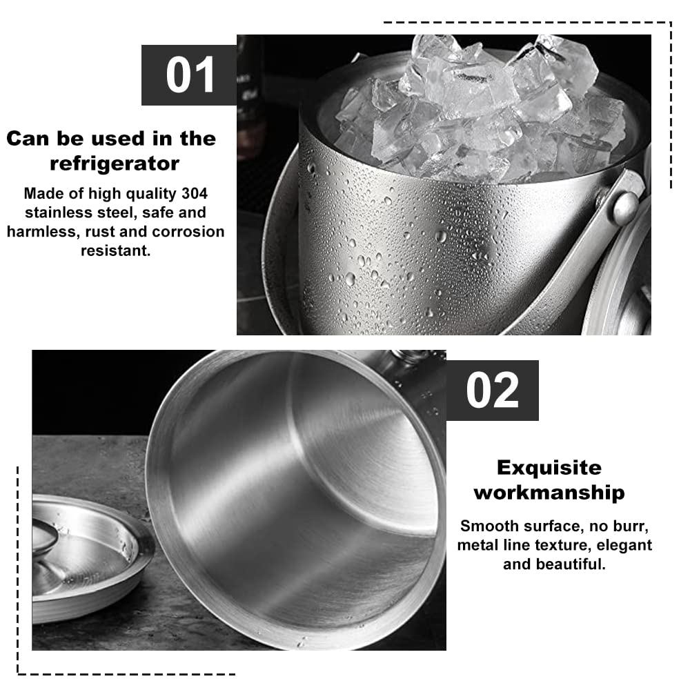 SCHYIDA Eiswürfelbehälter 2L, Eiswürfel Behältnis mit Deckel Eisbehälter Edelstahl 15.5cm * 15.2cm Eiskübel Metall Eiseimer mit Zange und Eisschaufel Eiskühler Weinkühler Sektkühler für Party, BBQ 3