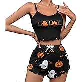 Mylleure Women Halloween 2 Piece Outfits Y2k Print Ruffle Sleeveless Cami Crop Tops High Waist Shorts Pajamas Set Loungewear