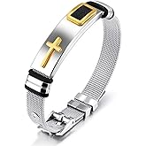 Rockyu Men’s Stainless Steel Cross Bracelet Gold & Black Mesh Band Adjustable Religious Bracelet for Men Gift for Birthday Christmas