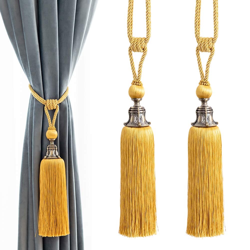 Melodieux 2 Pieces Curtain Tie Backs Antique Beaded Tassels Clips Rope Holdbacks - Yellow