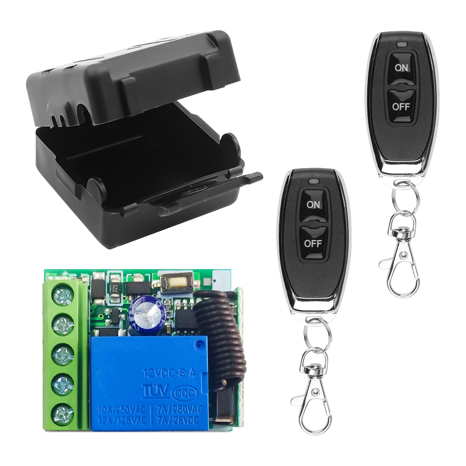 433Mhz Wireless Remote Control Switch DC 12V 1CH RF Relay Receiver Module with Transmitter, Long Range for Garage Door Opener (1Receiver+2Remote Controls)