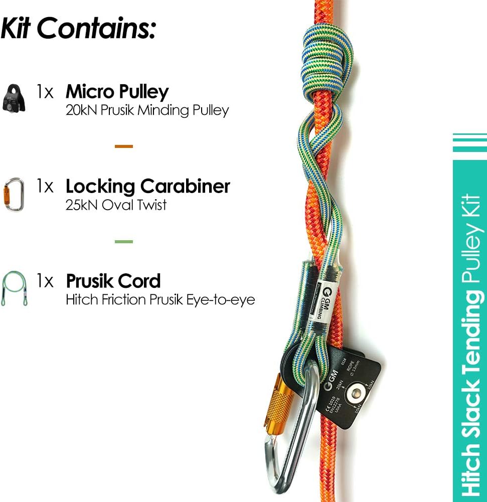 GM CLIMBING Hitch Slack Tending Pulley Kit for Double Rope Climbing System Basic Unit of General Hauling - 20kN Black Micro Prusik Minding Pulley & Oval Locking Carainber & 30in 8mm VT Prusik : Sports & Outdoors
