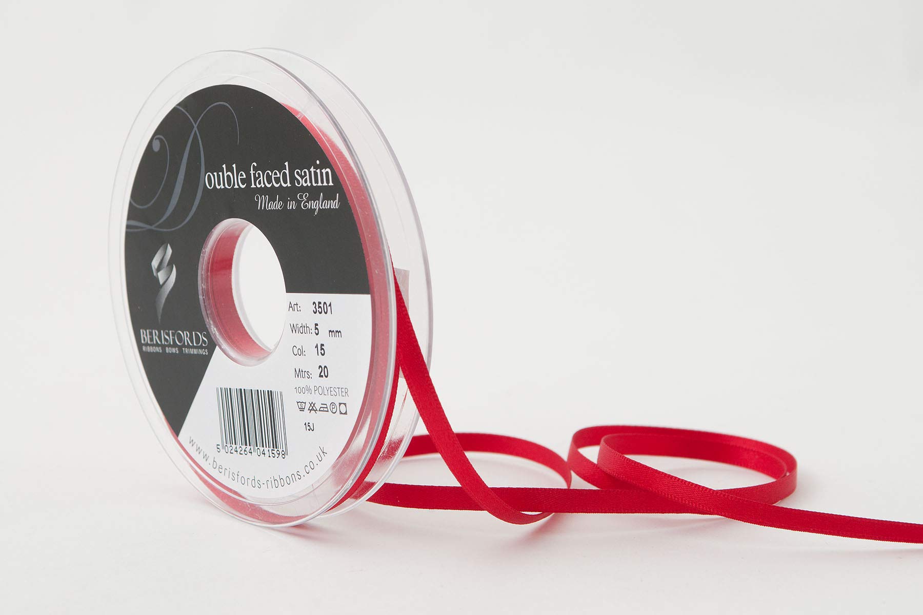 Berisfords Double FACE Poly Satin Ribbon, Red, 5 mm