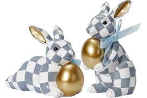 DN DECONATION Easter Decorations Bunny Figurines Set, Slate Blue White Checkerboard with Gold Egg & Blue Bow - Vintage Luxury