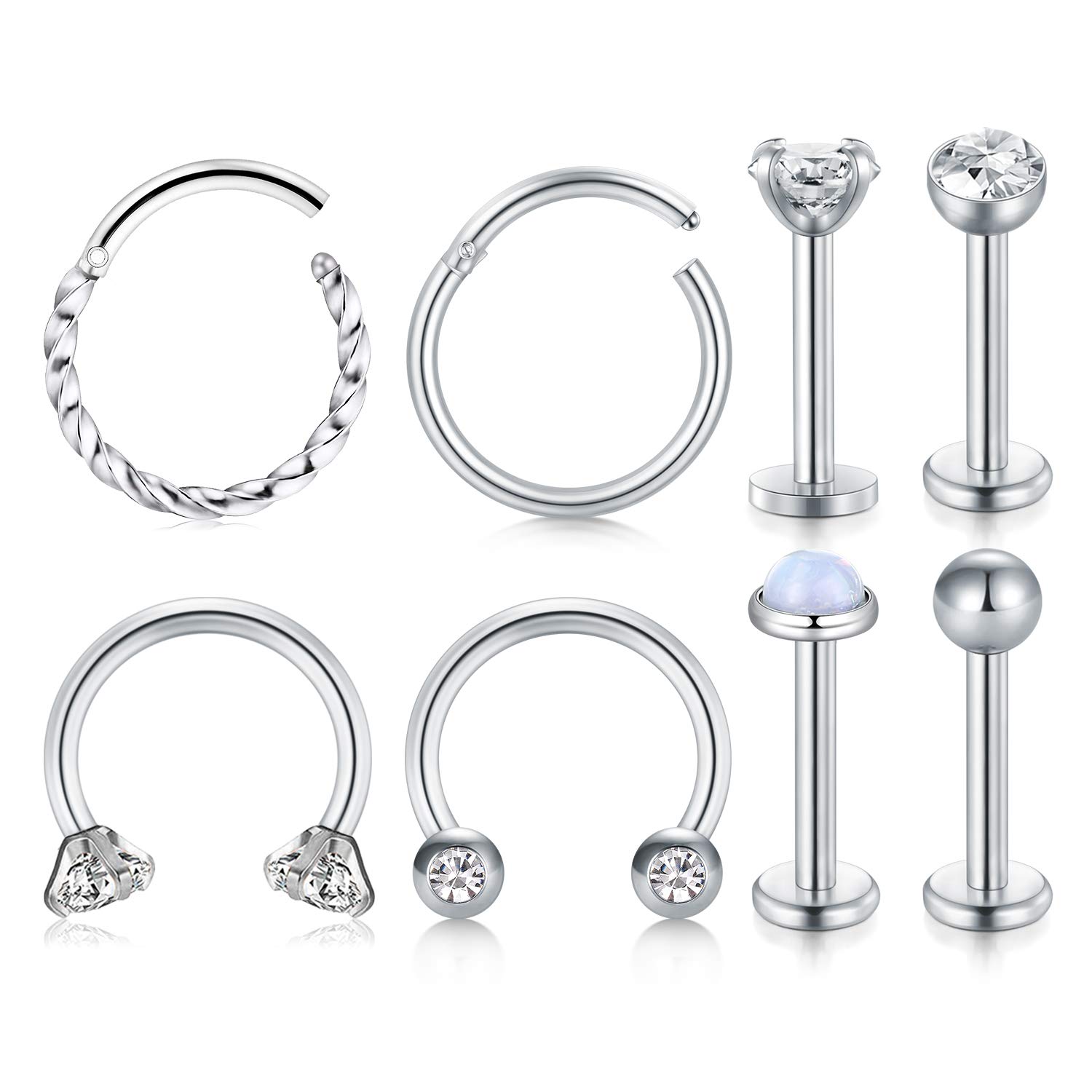 LAURITAMI Helix Tragus Earrings Studs Rings Surgical Steel 8mm 16G Flat Back Barbell Horseshoe Hoops Cartilage Labret Earring Piercing Jewellery