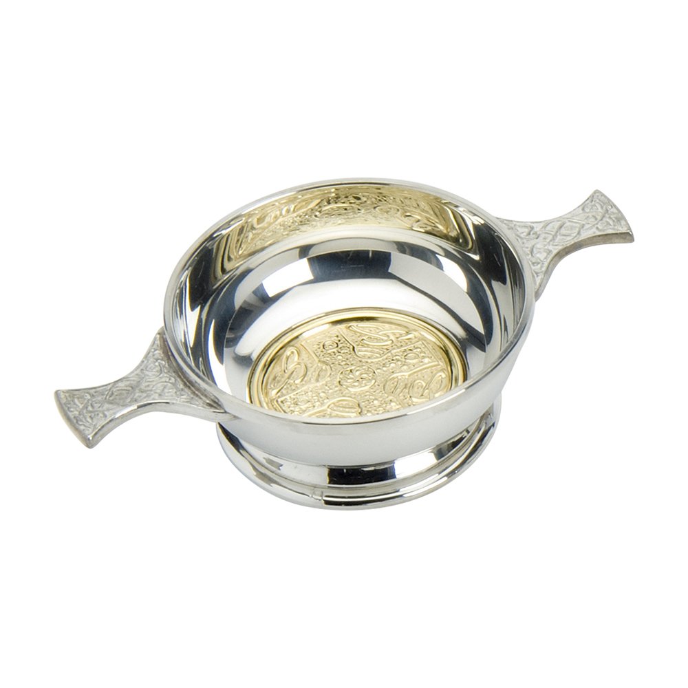 Edwin Blyde & Co Quaich with Brass Cross Design and Celtic handles, 4 inch, Pewter, 18 x 12 x 6 cm