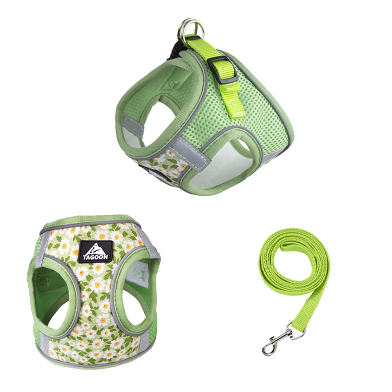 Small Dog Harness Leash Set,Daisy Floral Pattern Pet Harness Vest,Dog Breathable Mesh Adjustable D-Ring Reflective Walking Harness for Cat Puppy Small Medium Dog_XL(Green)