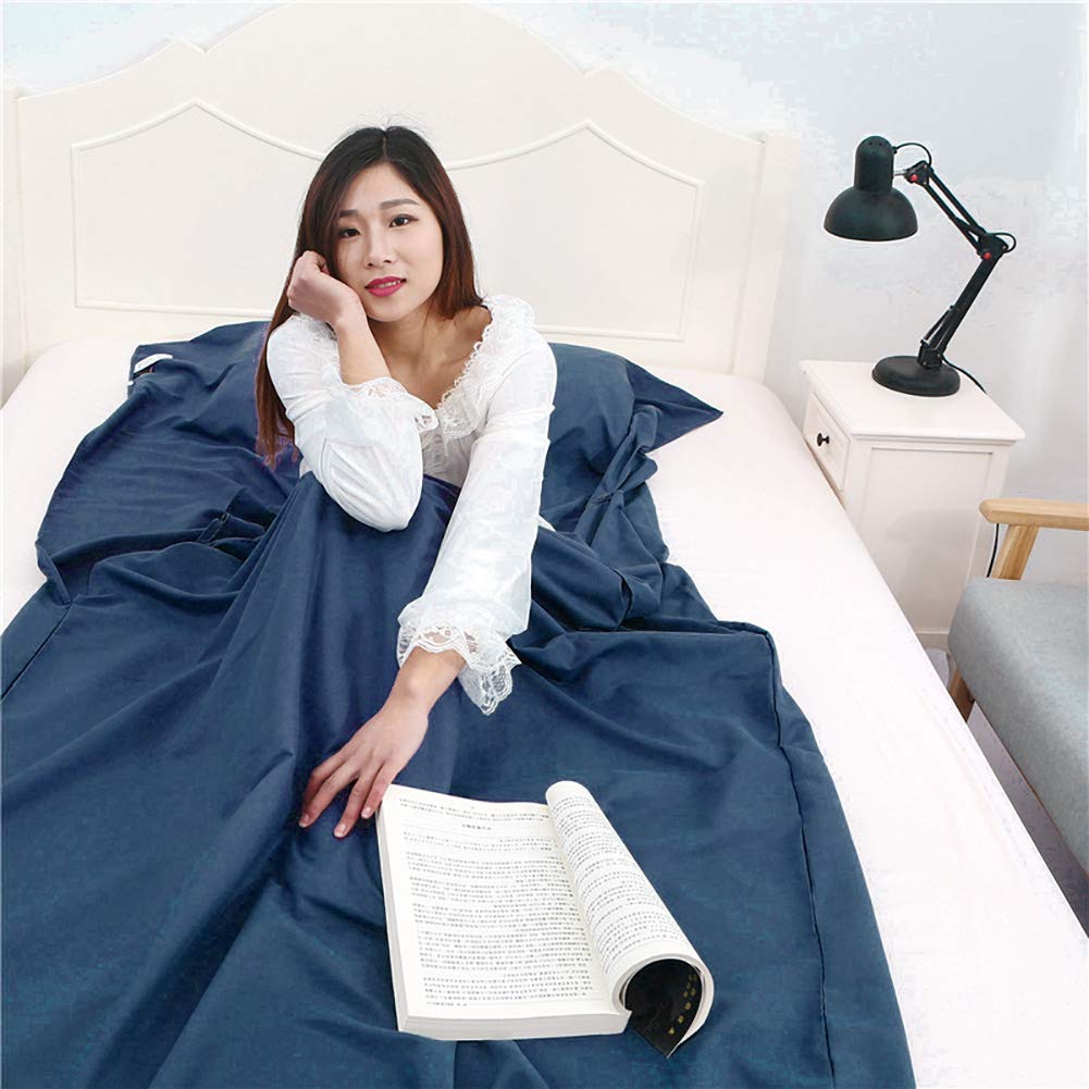 Qchomee Travel Sleeping Bag Liner Portable Camping Bed Sheet Adult Kids Cotton Double Sleep Bag with Pillow Pockets Lightweight Prevent Dirty for Hostels,Trains (Double Navy (160x210cm))
