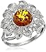 Amazon Collection Rhodium Plated Sterling Silver Honey Amber Sunflower Ring, Size7