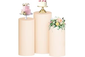 FUHSY Set of 3 Spandex Cylinder Pedestal Stand Covers Beige Stretch Plinth Covers for Party Table Dessert Display Elastic Slipcovers for Metal Cylinder Stands for Birthday Wedding Props Event Decor