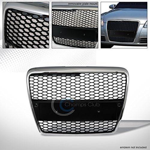 AutobotUSA Chrome/Black Finished Front Grille RS Honeycomb Mesh Hood Bumper Grill Cover for Audi A6 C6 Pre-Facelift 2005-2007 Models | ABS Grill 05-07 Audi Pre-Facelift