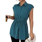 OYOANGLE Women's Elegant Short Sleeve Collared Business Casual Button Down Shirt Tie Front Summer Peplum Tunic Blouse