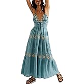 ebossy Women's Summer Boho Embroidered Daisy Maxi Dress Halter Shirred V Neck Backless Flowy Vacation Beach Sundress