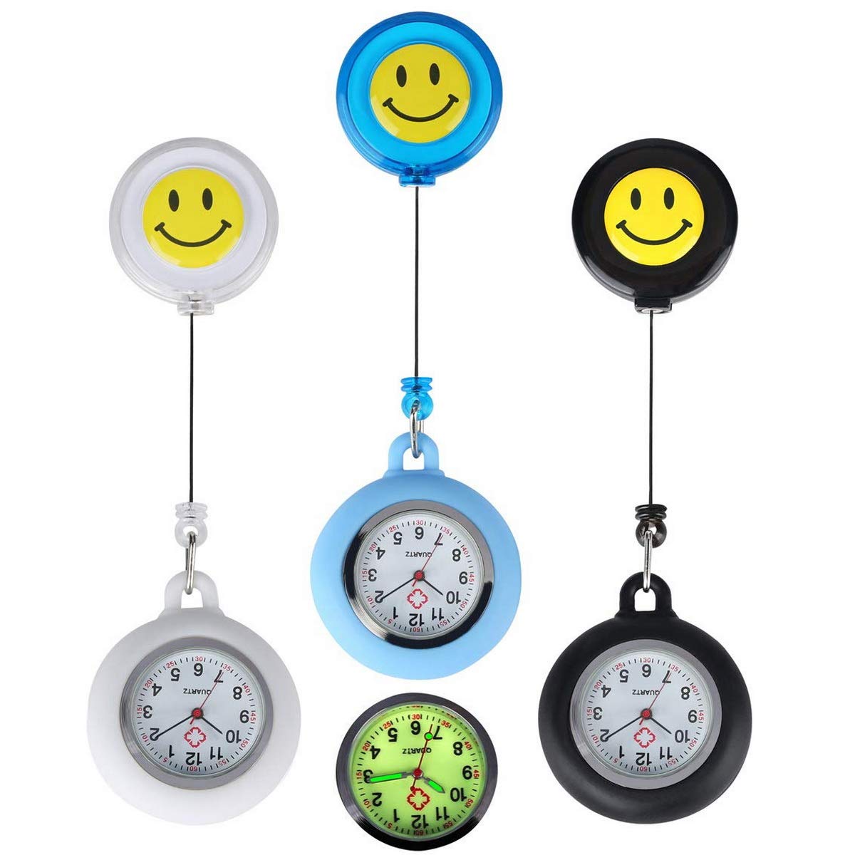 WONOLO 3pcs Unisex Luminous Fob Watches for Nurses Doctors, Retractable Paramedic Medical Student Silicone Smile Face Clip On Pocket Watches