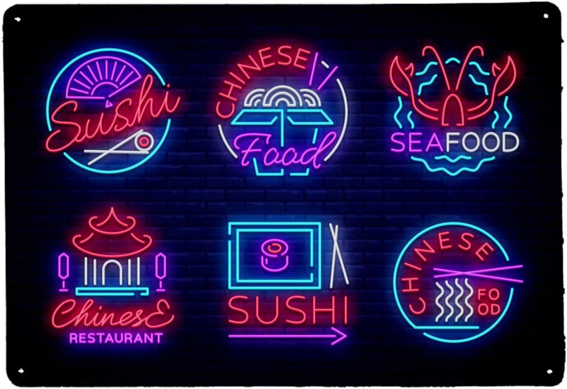 Vintage Metal Sign Bar Wall Poster Collection Neon Signs Food Set S in Neon Style Sushi Seafood Lobster Chinese Food Bar Pub Diner Cafe Wall Decor Home Decor Art Poster Retro Vintage 12x8 Inch