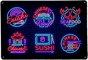 Vintage Metal Sign Bar Wall Poster Collection Neon Signs Food Set S in Neon Style Sushi Seafood Lobster Chinese Food Bar Pub Diner Cafe Wall Decor Home Decor Art Poster Retro Vintage 12x8 Inch