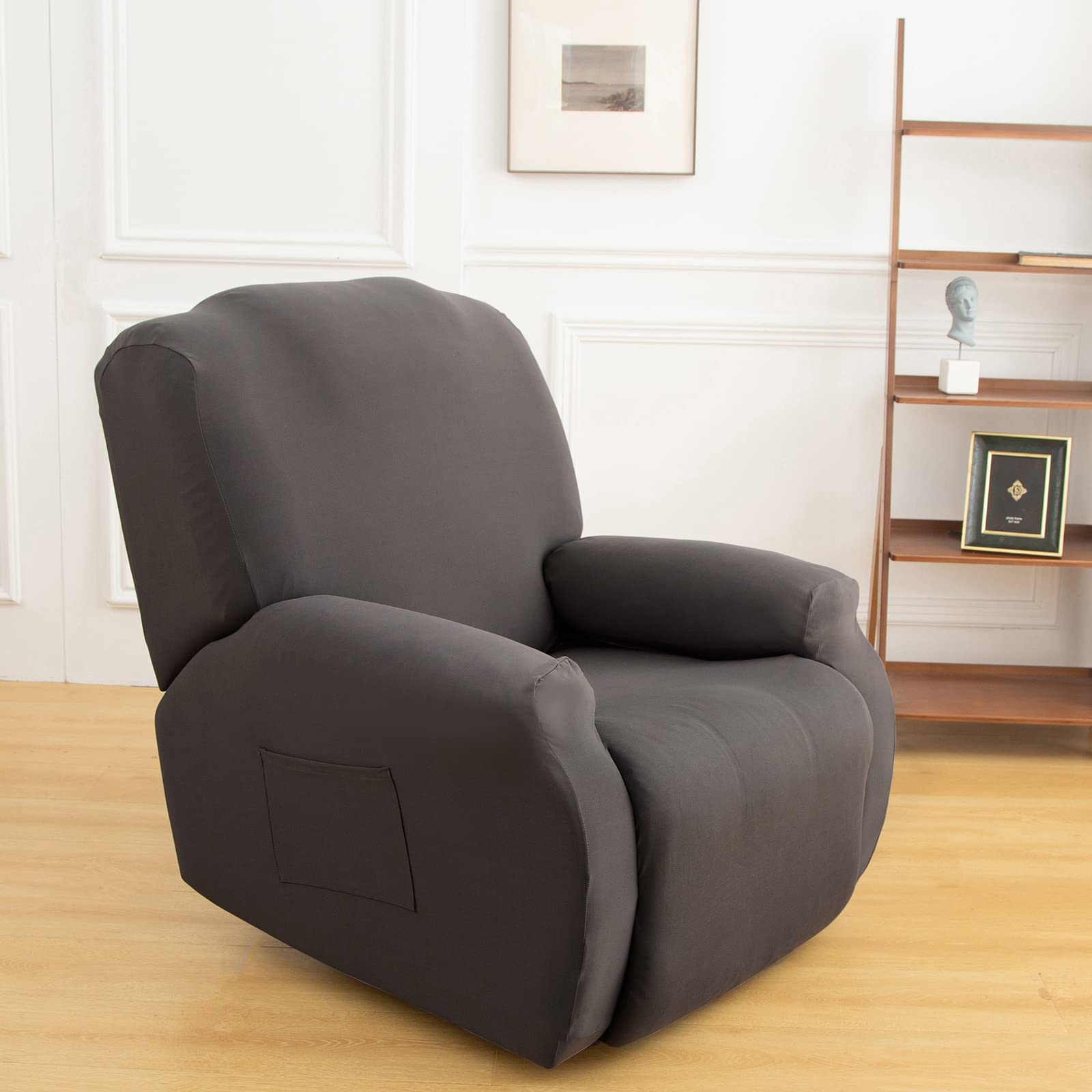 Stretch Recliner Chair Cover,4-Pieces Sofa Cover Slipcover Couch Covers,Armchair Cover Non-Slip Furniture Protector,Elastic Spandex Soft Recliner Chair Protector with Side Pocket(1 Seater Dark Gray)
