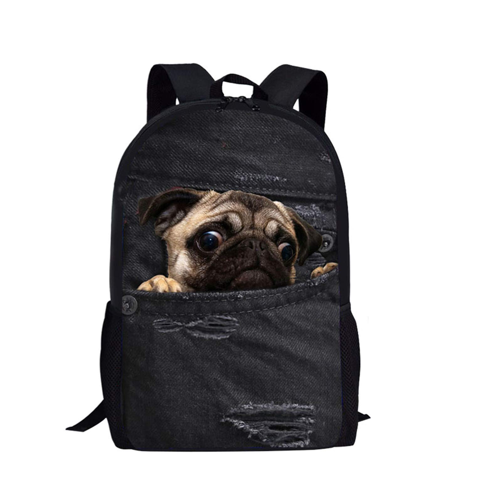 Belidome Adorable Dog Pug Kids School Bag with Side Pockets Large Lightweight Backpack for Travel