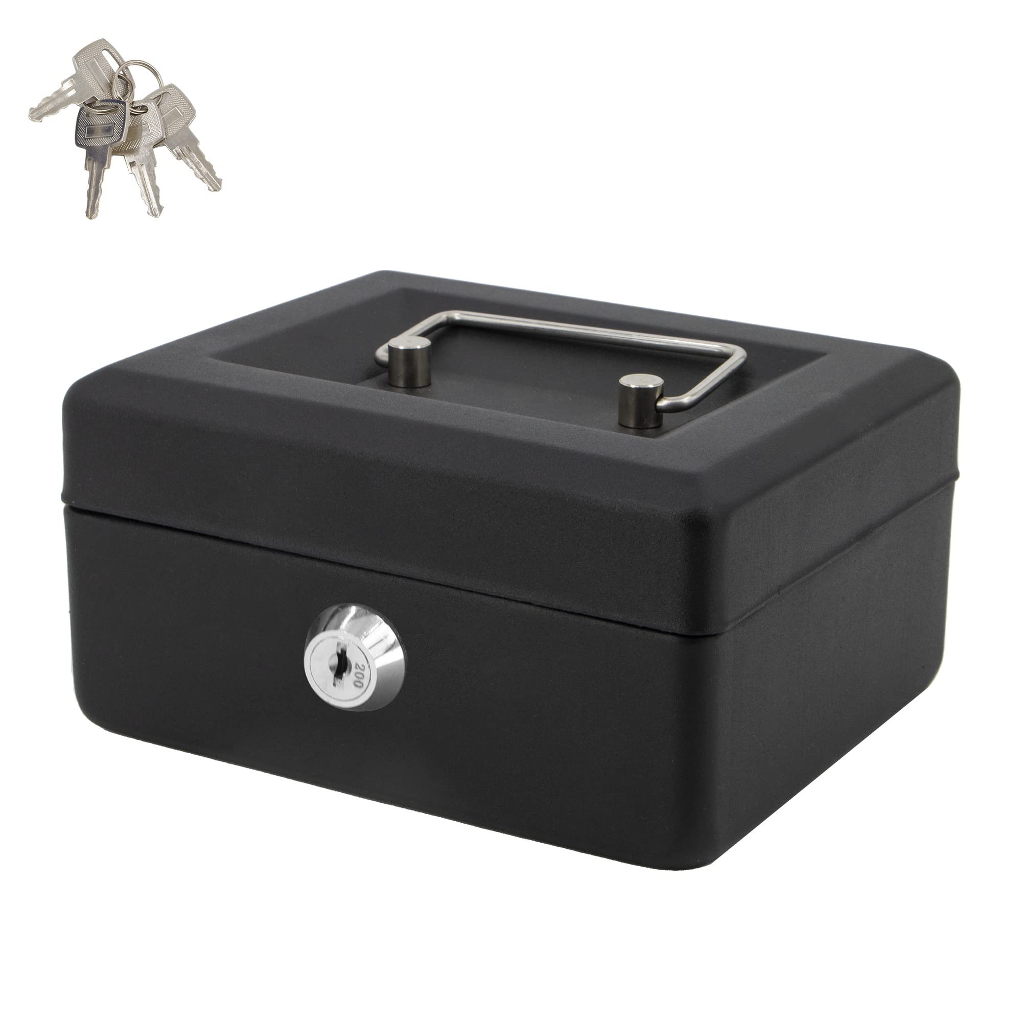 Time to Sparkle 6 inch Small Lock Box Money Safe with Tray for Cash Metal Saving Box Lock and Key with Stainless Steel Handle 15 * 12 * 8cm Matt Black