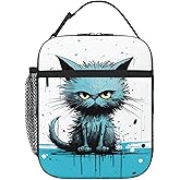 SARA NELL Cat Lunch Box Cute Angry Cat Lunch Bag for Kids Boys Girls Teens Adults, Reusable Insulated Lunch Bag for School Office Work Picnic, Portable Polyester Lunchbox, Blue Splash