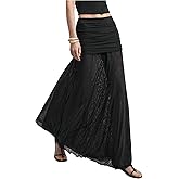 Verdusa Women's Maxi Skirts Ruched Mesh Sheer Long Skirt Ruffle Flowy Brunch Going Out Outfits
