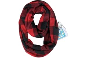 stylesilove Winter Plaid Infinity Scarf with Hidden Zipper Pocket Fashion Travel Scarf for Women and Men