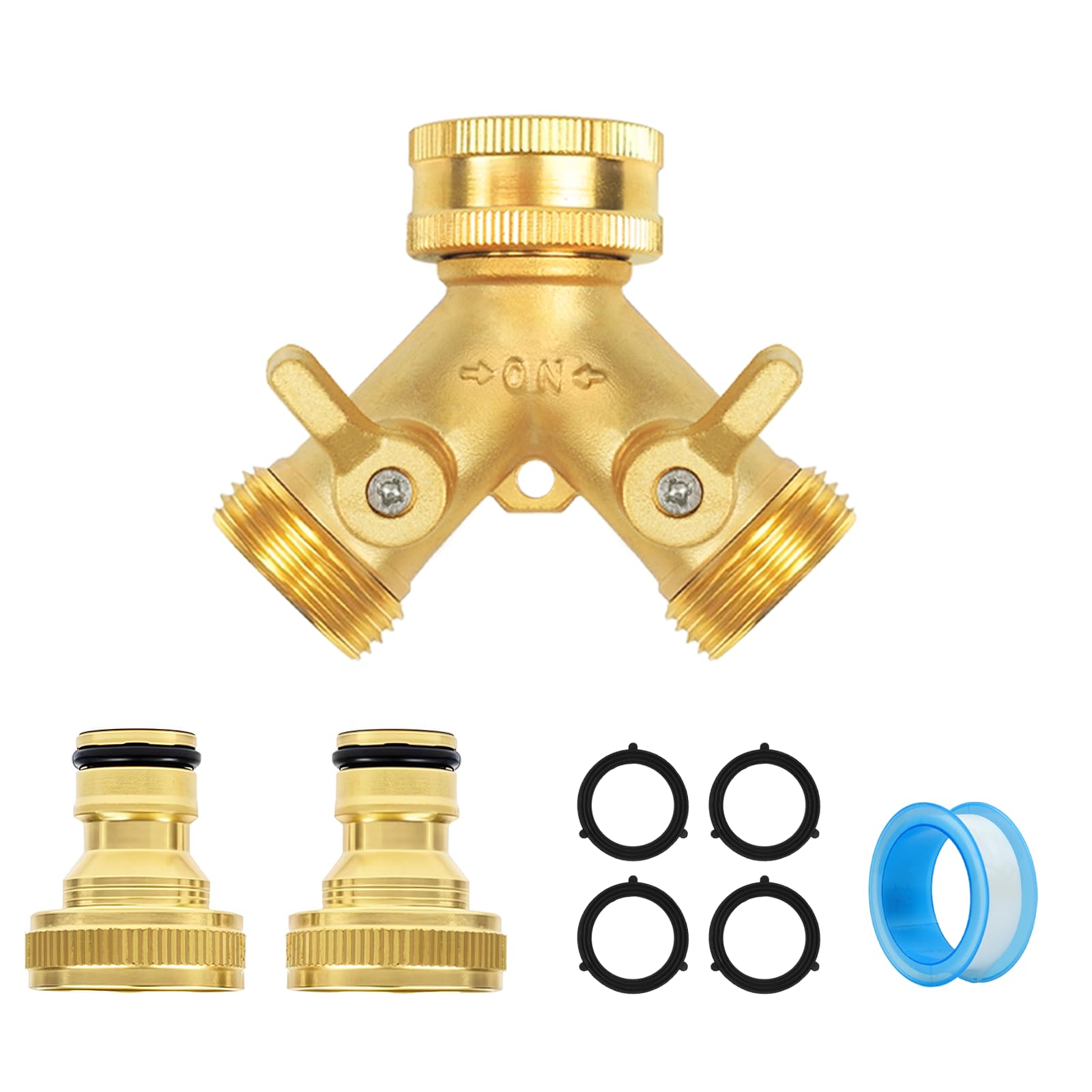 Hose Splitter 2 Way, Garden Tap Splitter 2 Way, 3/4" Brass Double Ways Connector with Individual On/Off & 2 Quick Connectors, Outdoor Water Tap Fitting for Garden Hose Pipe Connector Irrigation Tool