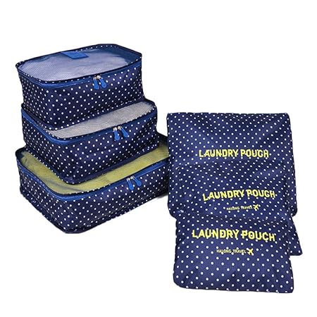 SWADEC? 6Pcs Travel Storage Bags Clothes Packing Cubes Luggage Organizer Pouch (Navy Blue White DOTS)