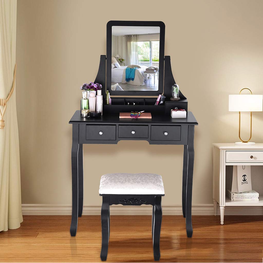 Sodoop Makeup Vanity Table Set,Wood Dressing Table w/Drawer Storage&Cushioned Stool,5 Drawers 2 Dividers Movable Organizers for Girls Women Bedroom Furniture