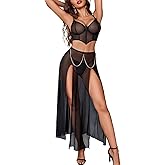 Avidlove Women Lingerie Babydoll Chemise 3 Piece Set Mesh Side Split Nightgown