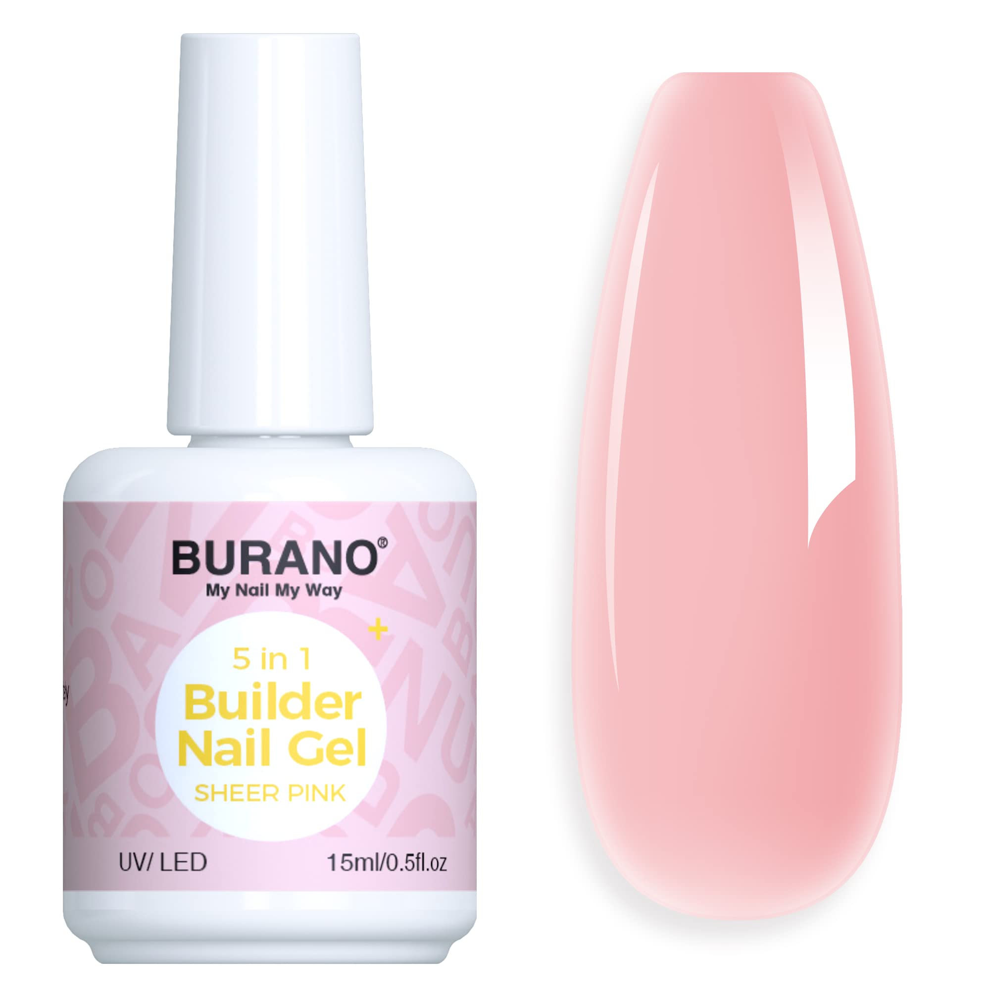 BURANO 5 in 1 Builder Base Strengthening Gel 15ml 0.5 oz, Gel Nail Polish for Hard Gel Nail Extension Quick Building Gel, Builder Gel in a Bottle for Nail Pro & Beginner (SHEERPINK)