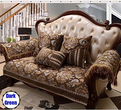 Sideli Luxury Chenille Jacquard Armrest Cover for Chair Couch Sofa Anti-Slip Furniture Protector(2pc-20x24-sofa arm Cover,Dark Green)