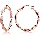 Hoops & Loops 925 Sterling Silver Twisted Round Click-Top Hoop Earrings for Women, Rose Gold 25mm