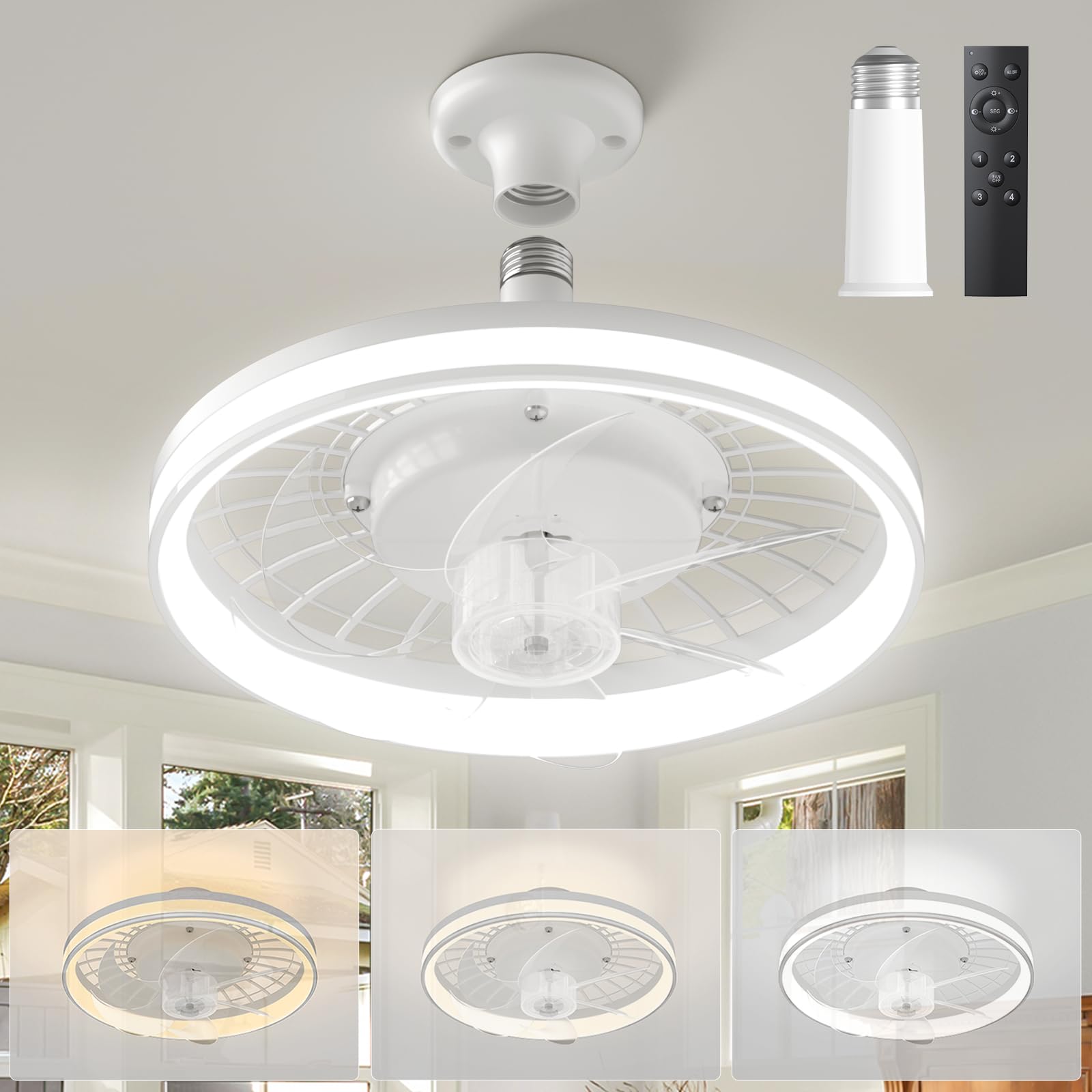 Photo 1 of E26 Screw In Socket Fan Light - 13 Inch Flush Mount Ceiling Fans with Lights and Remote, 3 Colors Led Smooth Dimming, 4 Speeds, Ceiling Fan with Light for Bedroom/Living Room/Garage/Kitchen-White