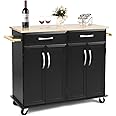 Giantex Kitchen Island Cart, Rolling Trolley Cart Utility Cabinet w/Rubber Wood Top, Large Storage Easy-Clean with Smooth Lockable Wheels Home Kitchen Carts (Black)