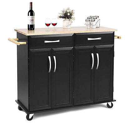 Giantex Rolling Kitchen Island Cart with Rubber Wood Top, Black