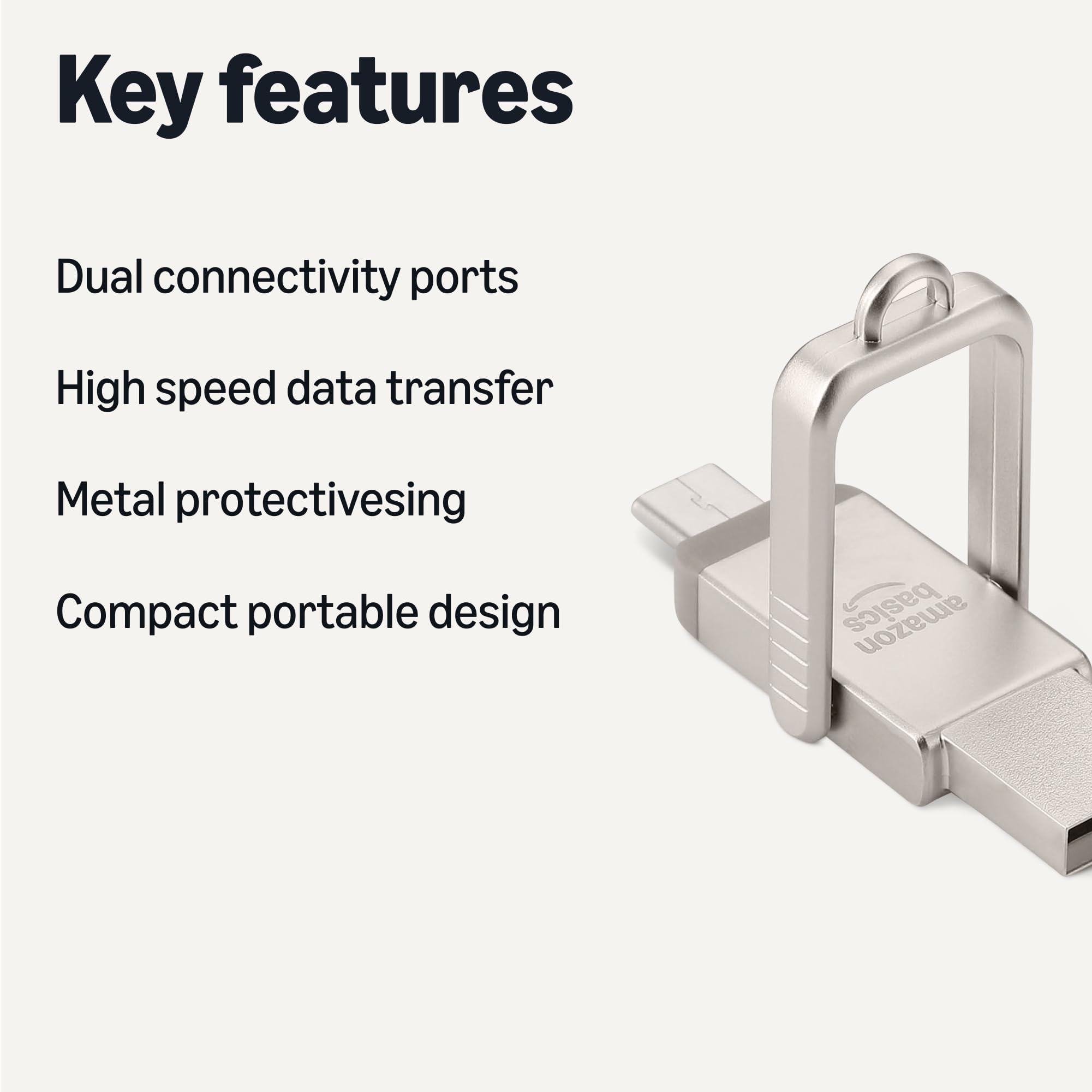 Amazon Basics USB Flash Drive, Thumb Drive Memory Stick with USB C and USB A Dual Ports, 128GB, Champagne Silver