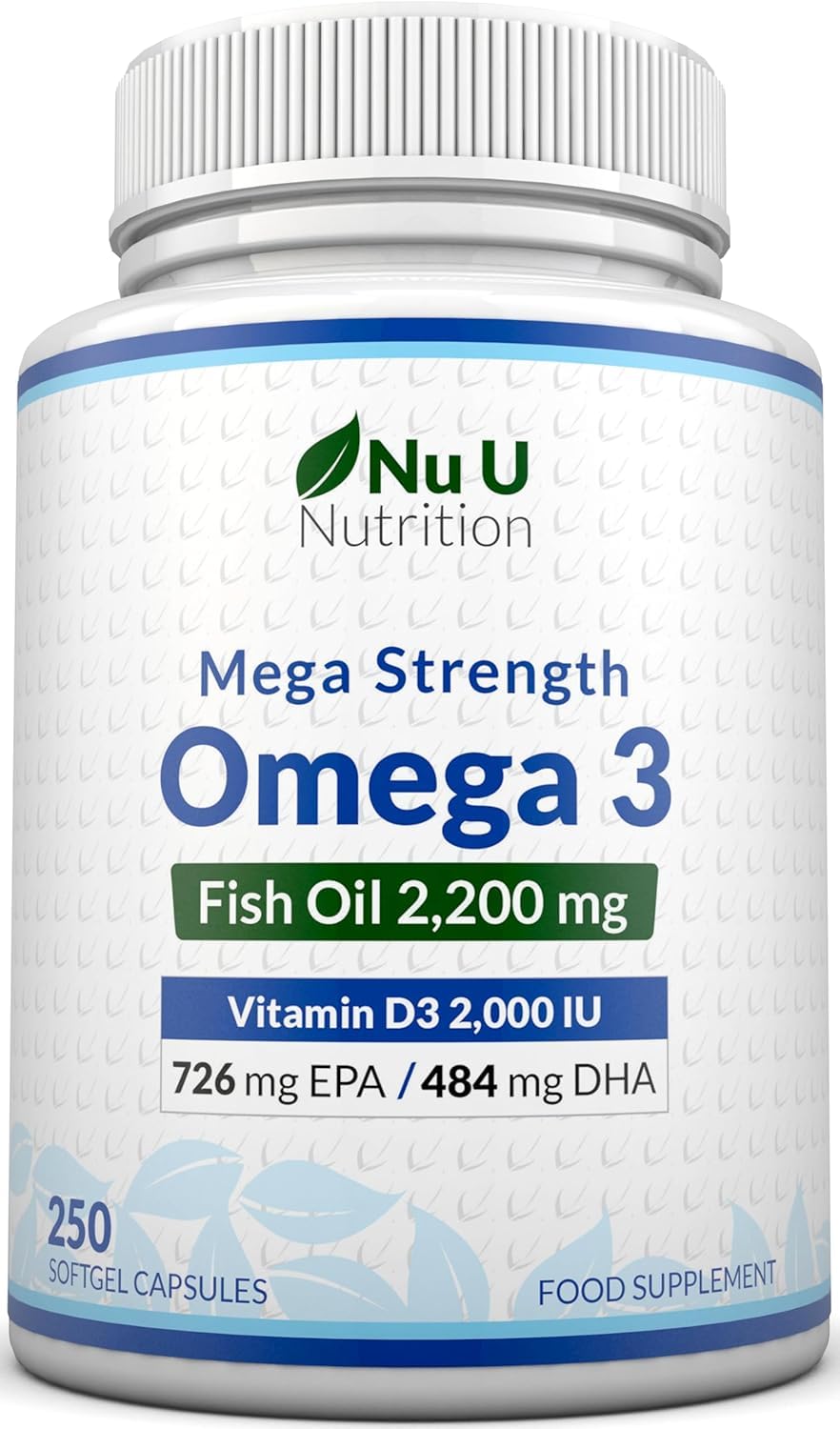 Nu U Nutrition - Omega 3 2200mg & Vitamin D3 2000IU - 250 Softgel Capsules - 726mg EPA & 484mg DHA per Serving - Alternative to Cod Liver Oil Capsules - High Strength, Wild Caught - Made in the UK